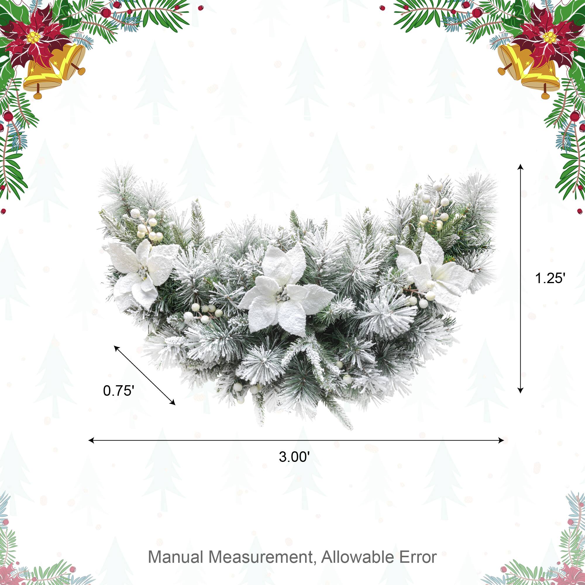 Glitzhome® 36" Pre-Lit Flocked Greenery Pine White Poinsettia & Berry Christmas Swag with Timer